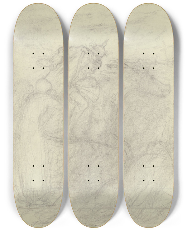 Triptych art skateboard deck of Victor Mller Der Tod Mit Helm Zu Pferde Vor Ihm Eine Flehende Frau by Victor Muller (1829-1871)
