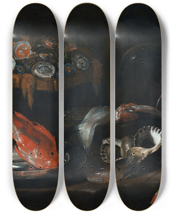 Triptych art skateboard deck of Giovanni Battista Recco Still Life With Fish And Oysters by Giovanni Battista Recco (1615-1660)