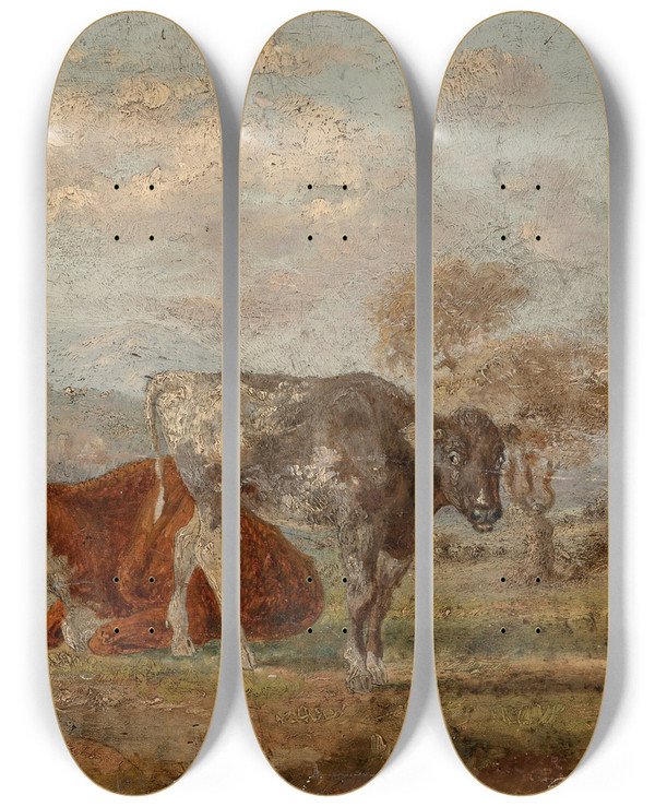 Triptych art skateboard deck of William Huggins A Sketch Of Two Cows In A Landscape by William Huggins (1820-1884)