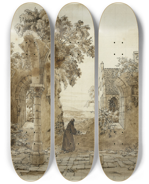 Triptych art skateboard deck of Domenico Quaglio The Younger Monk In The Ruins Of A Monastery by Domenico Quaglio The Younger (1787-1837)