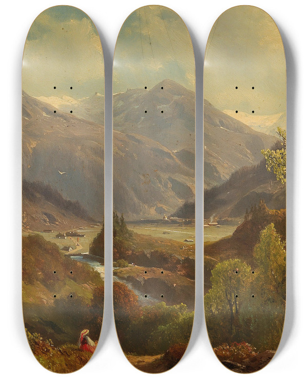 Triptych art skateboard deck of Johann Giovanni Varrone The Bcksteiner Valley With The Rathausberg Wildbad Gastein Upper Austria by Johann Giovanni Varrone (1832-1910)