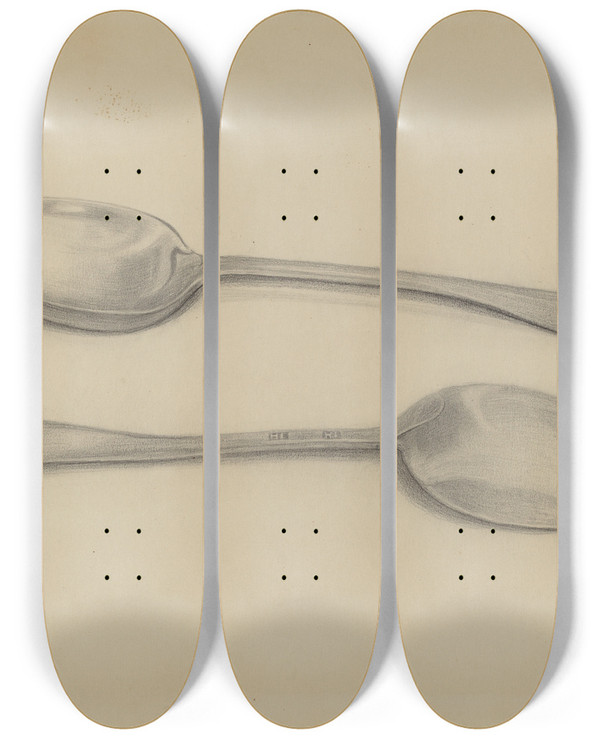 Triptych art skateboard deck of Nicholas Zupa Two Silver Soup Spoons by Nicholas Zupa