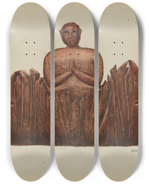 Triptych art skateboard deck of Ethel Dougan Carving Soul In Purgatory by Ethel Dougan