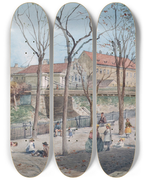 Triptych art skateboard deck of Ferdinand Weckbrodt Die Kettenbrcke Ber Den Wienflu by Ferdinand Weckbrodt (1838-1902)