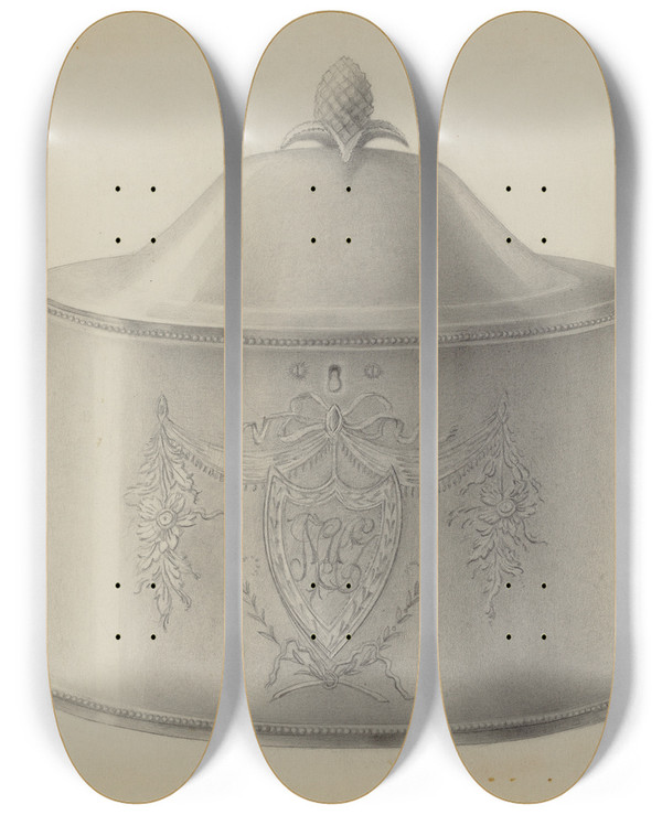 Triptych art skateboard deck of Nicholas Zupa Silver Tea Caddy by Nicholas Zupa