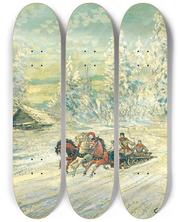Triptych art skateboard deck of Konstantin Alexeevich Korovin Troka Dans La Neige by Konstantin Alexeevich Korovin (1861-1939)