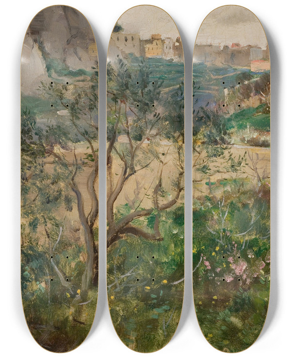 Triptych art skateboard deck of Louis Ritter View Of Capri by Louis Ritter (1852-1896)