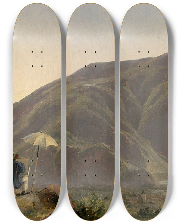 Triptych art skateboard deck of Jules Coignet View Of Bozen With A Painter by Jules Coignet (1798-1860)