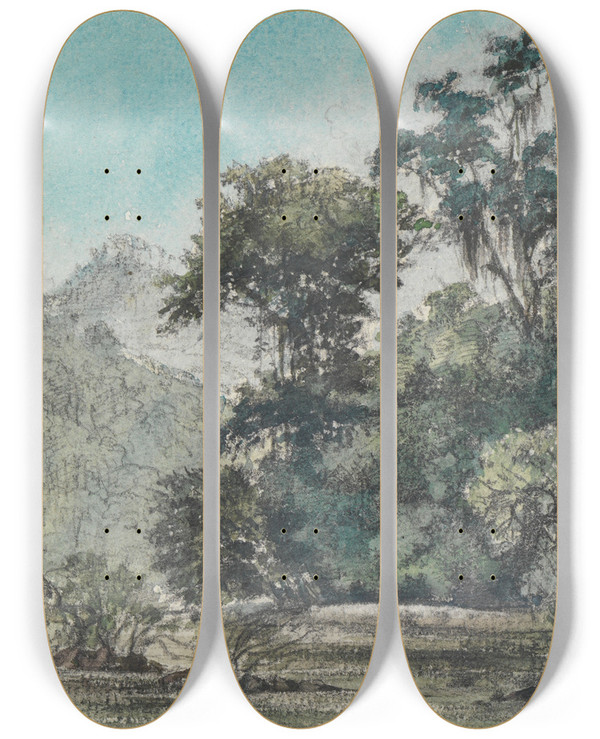 Triptych art skateboard deck of Ferdinand Keller Blick Auf Das Bewaldete Flussufer by Ferdinand Keller (1842-1922)