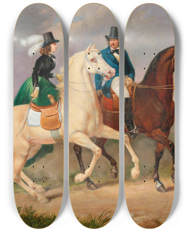 Triptych art skateboard deck of Josef Ziegler Riding Out With Lady In A Green Skirt by Josef Ziegler (1785-1852)