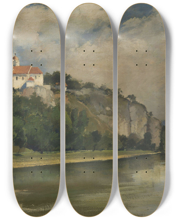 Triptych art skateboard deck of Frantiek Hladk The Church Above The River by Frantisek Hladik (1887-1947)