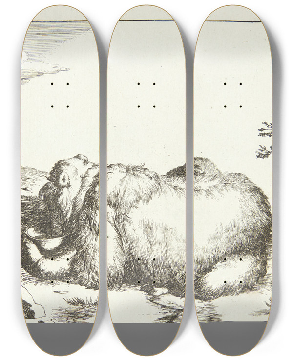 Triptych art skateboard deck of Marcus De Bye Liggende Bjrn Set I Profil Drikkende Fra En Skl by Marcus de Bye (1638-1688)