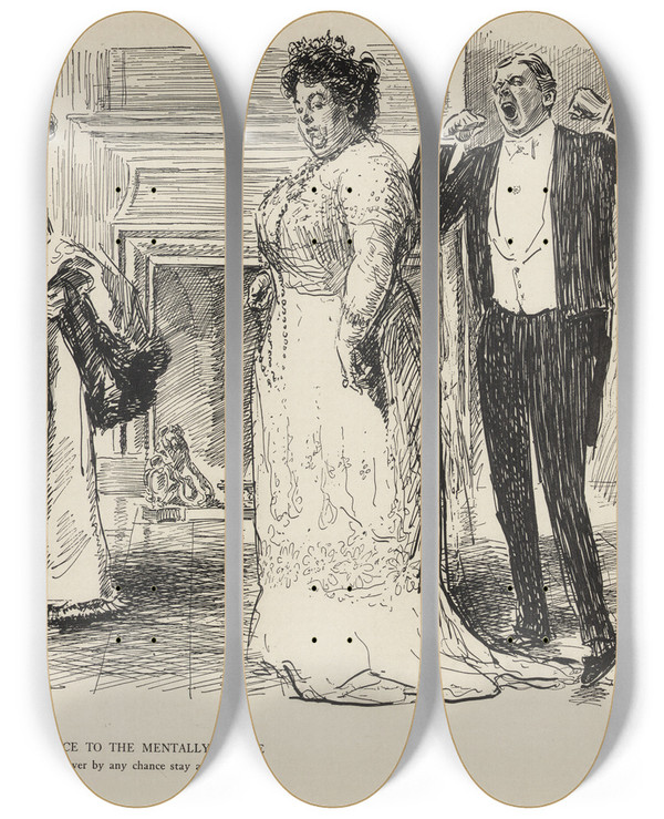 Triptych art skateboard deck of Charles Dana Gibson Advice To The Mentally Feeble Never By Any Chance Stay At Home by Charles Dana Gibson (1867-1944)