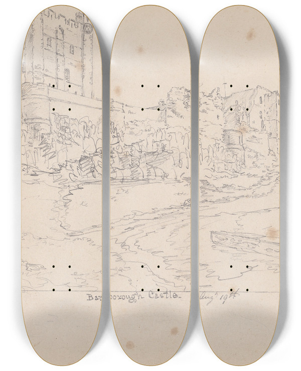 Triptych art skateboard deck of James Moore Bamburgh Castle Northumberland by James Moore (1762-1799)
