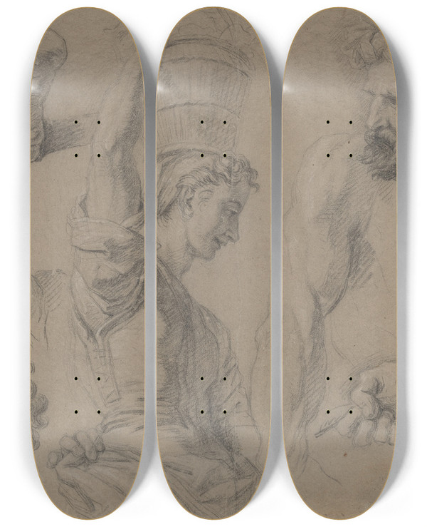 Triptych art skateboard deck of Jean Jouvenet Study For Miraculous Draught Of Fishes by Jean Jouvenet (1644-1717)