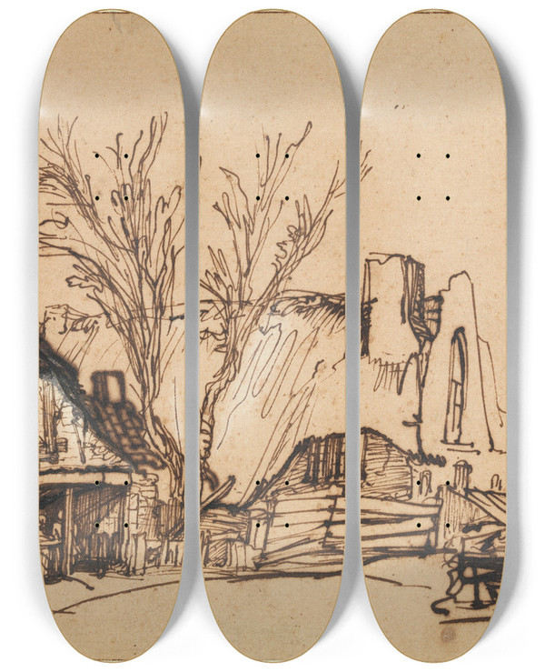 Triptych art skateboard deck of Rembrandt Van Rijn Two Cottages by Rembrandt Van Rijn (1606-1669)