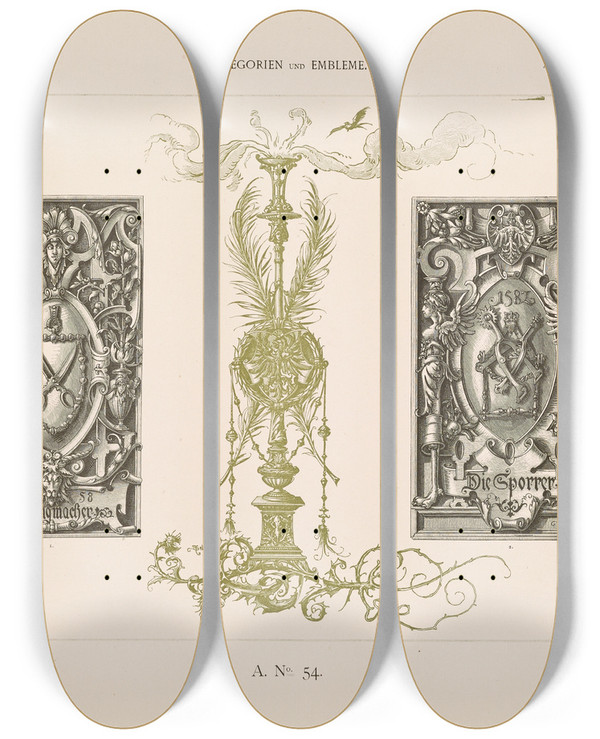 Triptych art skateboard deck of Albert Ilg Allegorien Und Embleme Vol Ii Pl061 by Albert Ilg (1847-1896)