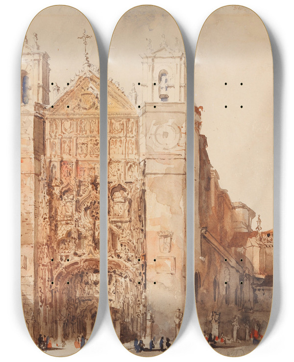 Triptych art skateboard deck of Genaro Prez Villaamil Church Of Saint Paul Valladolid by Genaro Perez Villaamil (1807-1854)