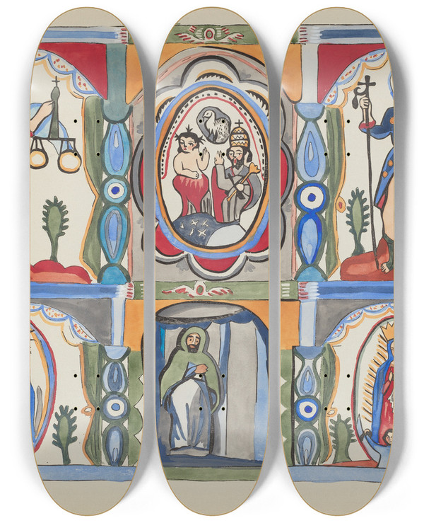 Triptych art skateboard deck of American 20Th Century Plate 6 Chapel Altarpiece Santa Cruz From Portfolio Spanish Colonial Designs Of New Mexico_1 by American 20Th Century