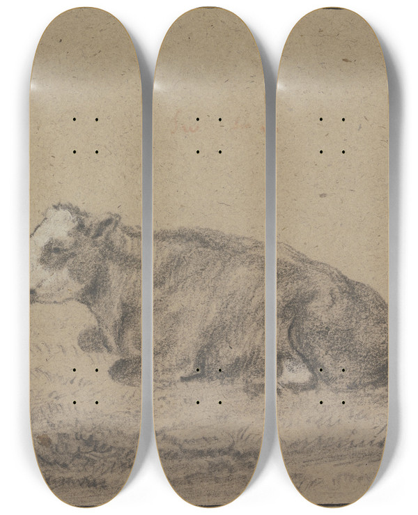 Triptych art skateboard deck of Aelbert Cuyp Lying Cow To The Left by Aelbert Cuyp (1620-1691)