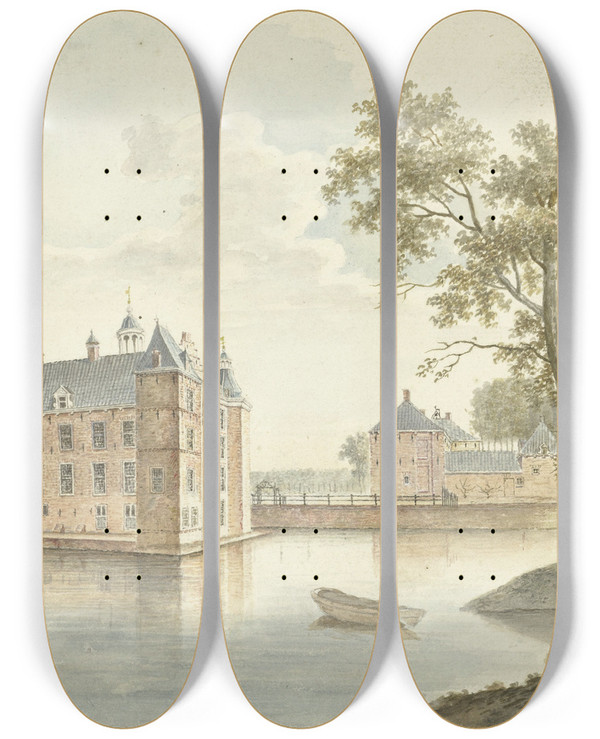 Triptych art skateboard deck of Johan Antonie Kaldenbach Gezicht Op Onbekend Kasteel by Johan Antonie Kaldenbach (1760-1818)