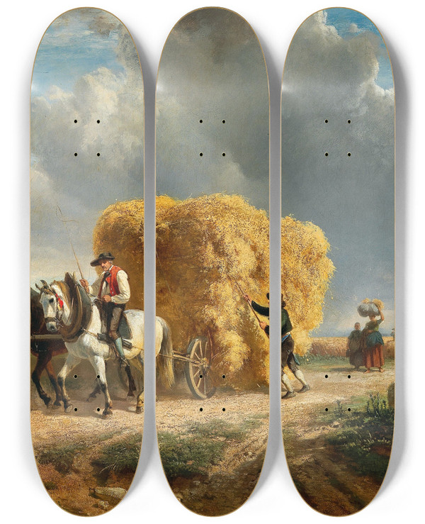 Triptych art skateboard deck of Ludwig Voltz Haymaking by Ludwig Voltz (1825-1911)