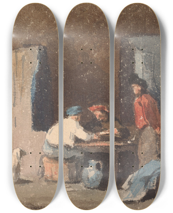 Triptych art skateboard deck of Thomas Sully Figures At A Table Inside A Cottage by Thomas Sully (1783-1872)