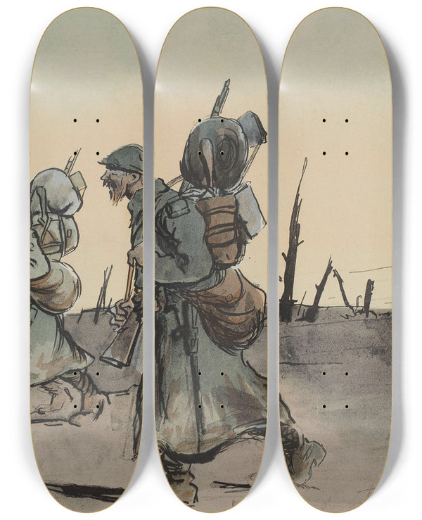 Triptych art skateboard deck of Georges Goursat Sem Retour Des Tranches by Georges Goursat (Sem) (1863-1934)