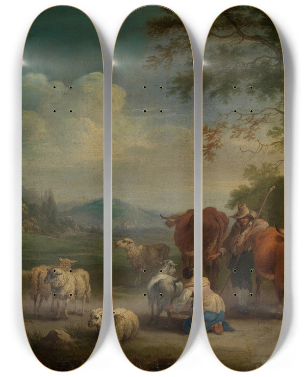 Triptych art skateboard deck of Pieter Bout Landschaft Mit Hirten Und Gotischer Burgruine by Pieter Bout (1658-1719)