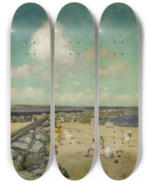 Triptych art skateboard deck of William Merritt Chase Morning At Breakwater Shinnecock by William Merritt Chase (1849-1916)