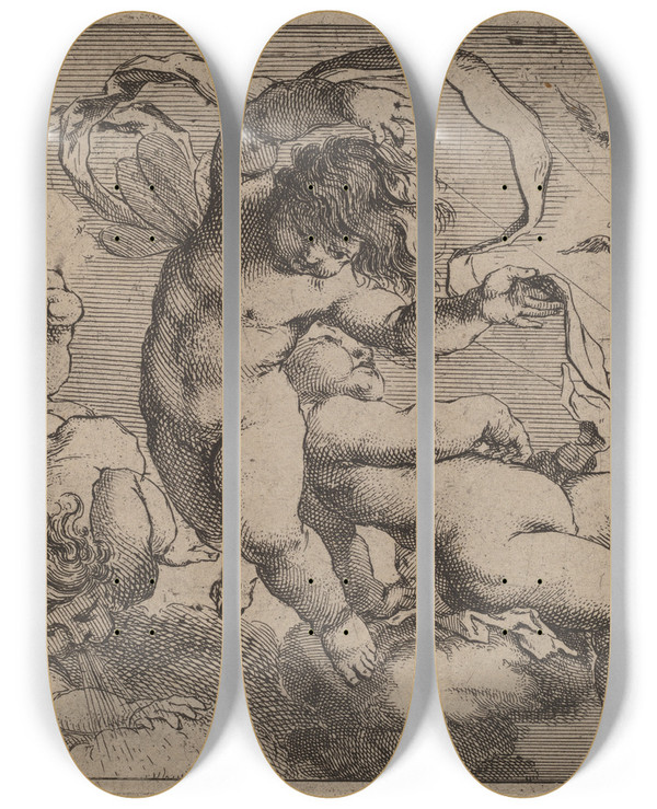 Triptych art skateboard deck of Cornelis Schut Three Flying Putti by Cornelis Schut (1597-1655)