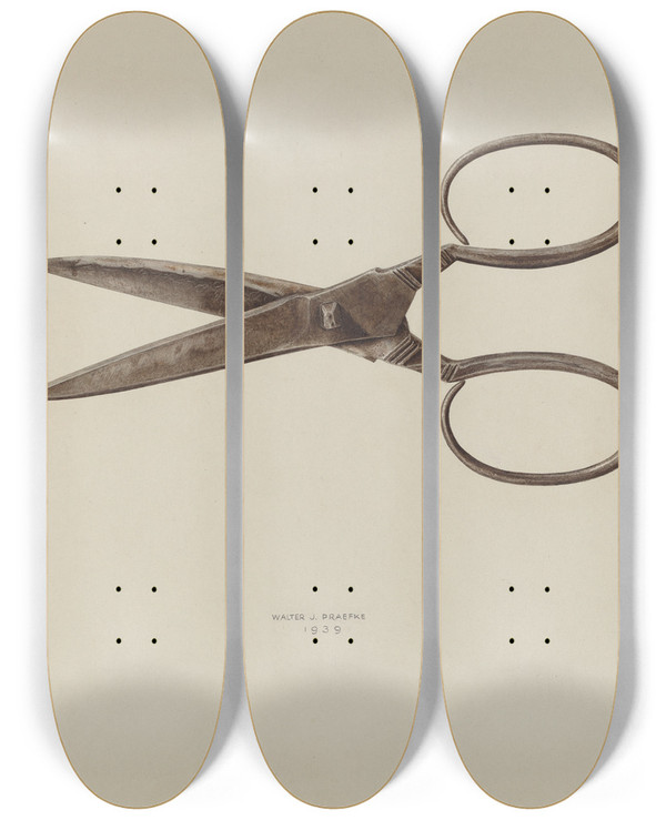Triptych art skateboard deck of Walter Praefke Scissors by Walter Praefke