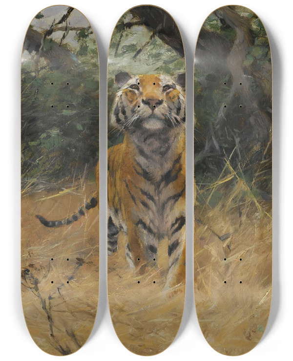 Triptych art skateboard deck of Wilhelm Kuhnert Tigeron The Watch by Wilhelm Kuhnert (1865-1926)