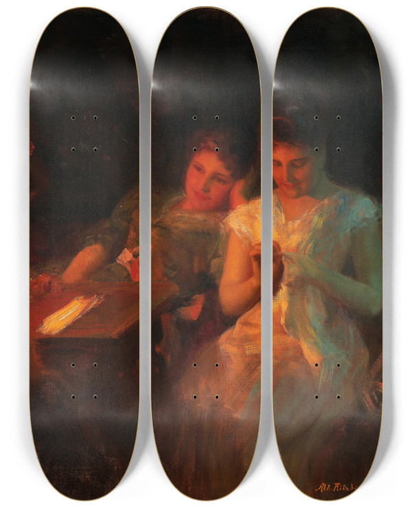 Triptych art skateboard deck of Albert Ritzberger Bei Der Handarbeit by Albert Ritzberger (1853-1915)