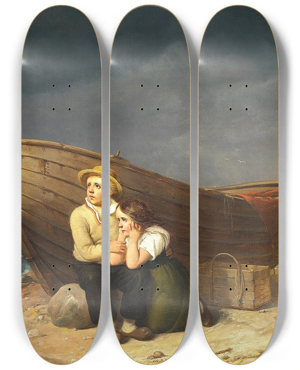 Triptych art skateboard deck of Christian Andreas Schleisner Brn Der Sger Ly Ved En Bd P Stranden by Christian Andreas Schleisner (1810-1882)