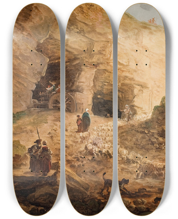 Triptych art skateboard deck of Hubert Robert A Quarry With A Flock Of Sheep by Hubert Robert (1733-1808)