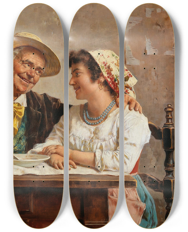 Triptych art skateboard deck of Eugenio Zampighi A Good Drop by Eugenio Zampighi (1859-1944)