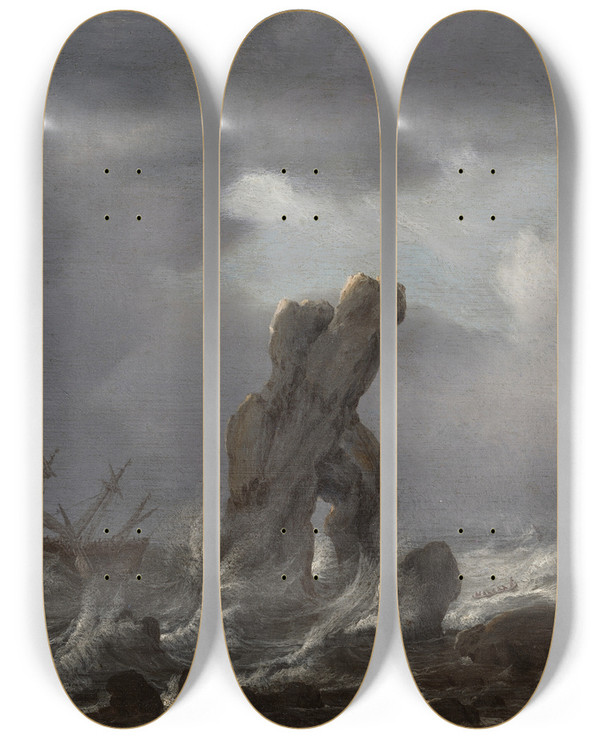 Triptych art skateboard deck of Julius Porcellis Ships In Distress Off A Rocky Coast by Julius Porcellis (1610-1654)