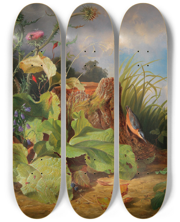 Triptych art skateboard deck of Josef Schuster Stillleben Mit Stillleben Mit Disteln Glockenblumen Hagebutten Und Einem Kleiber by Josef Schuster (1812-1890)