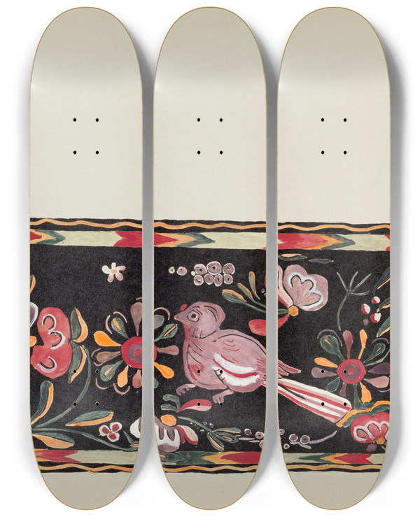 Triptych art skateboard deck of American 20Th Century Plate 44 Painted Chest Design From Portfolio Spanish Colonial Designs Of New Mexico_1 by American 20Th Century