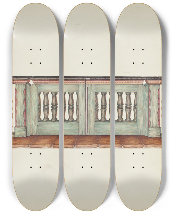 Triptych art skateboard deck of Hal Blakeley Chancel Railing by Hal Blakeley