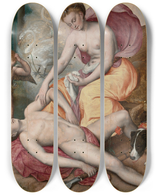 Triptych art skateboard deck of Maerten De Vos Venus And Adonis by Maerten De Vos (1532-1603)