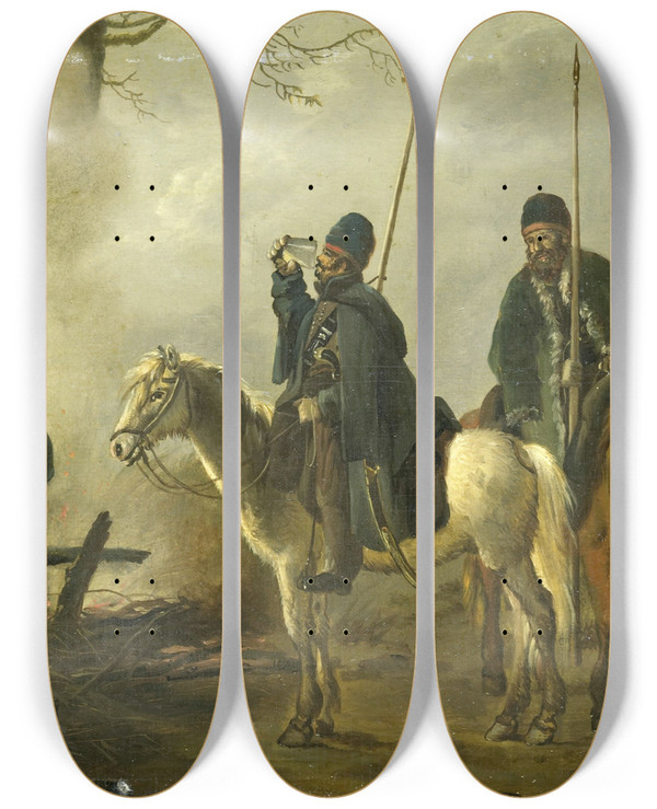 Triptych art skateboard deck of Pieter Gerardus Van Os Cossack Outpost In 1813 by Pieter Gerardus Van Os (1776-1836)