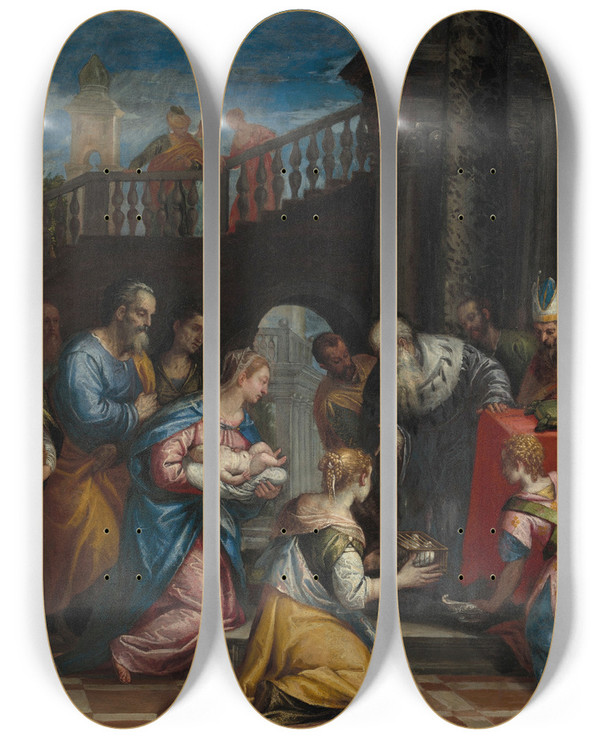 Triptych art skateboard deck of Carlo Caliari The Presentation In The Temple by Carlo Caliari (1567-1592)