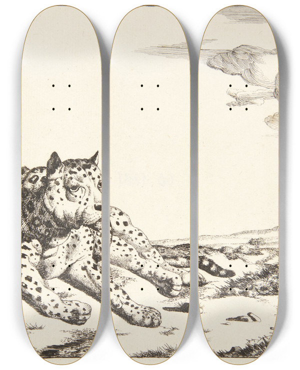 Triptych art skateboard deck of Marcus De Bye Liggende Leopard Set Forfra by Marcus de Bye (1638-1688)