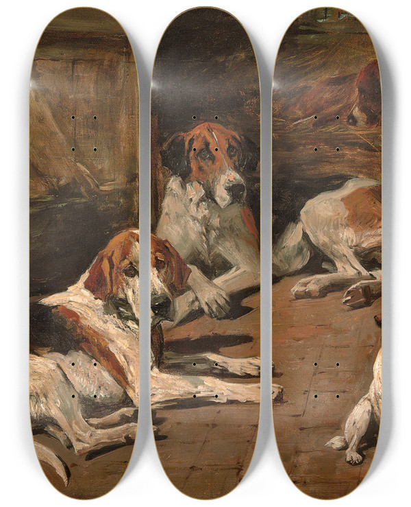 Triptych art skateboard deck of John Emms Hounds And A Terrier In A Stable by John Emms (1843-1912)