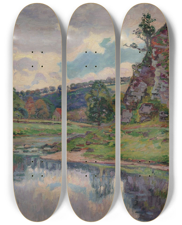 Triptych art skateboard deck of Armand Guillaumin Rochers De Genetinsurcreuse by Armand Guillaumin (1841-1927)