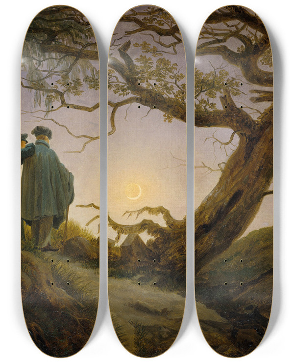 Triptych art skateboard deck of Caspar David Friedrich Two Men Contemplating The Moon by Caspar David Friedrich (1774-1840)