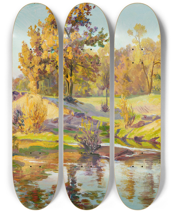 Triptych art skateboard deck of Ambroy Sabatowski Sunny Autumn by Ambrozy Sabatowski (1871-1920)
