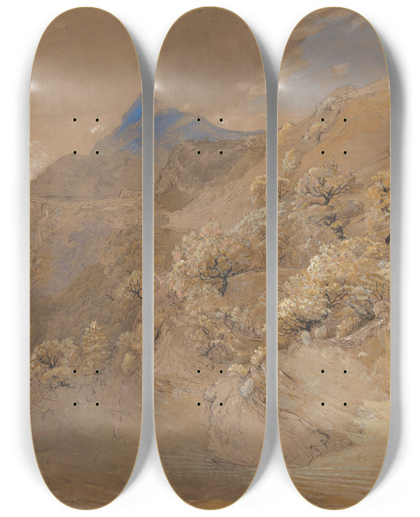 Triptych art skateboard deck of Samuel Palmer Mount Siabod From Tynycoed Near Capel Curig by Samuel Palmer (1805-1881)